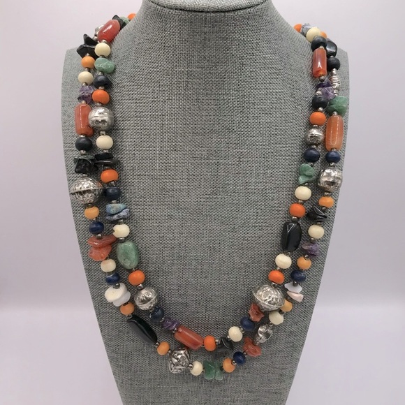 Unsigned Jewelry - Double Strand Multicolor Semi Precious Beaded Necklace